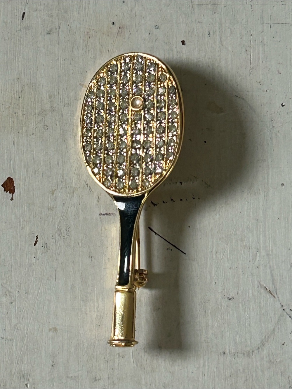 Gold Tennis Racket Brooch with Crystal Accents